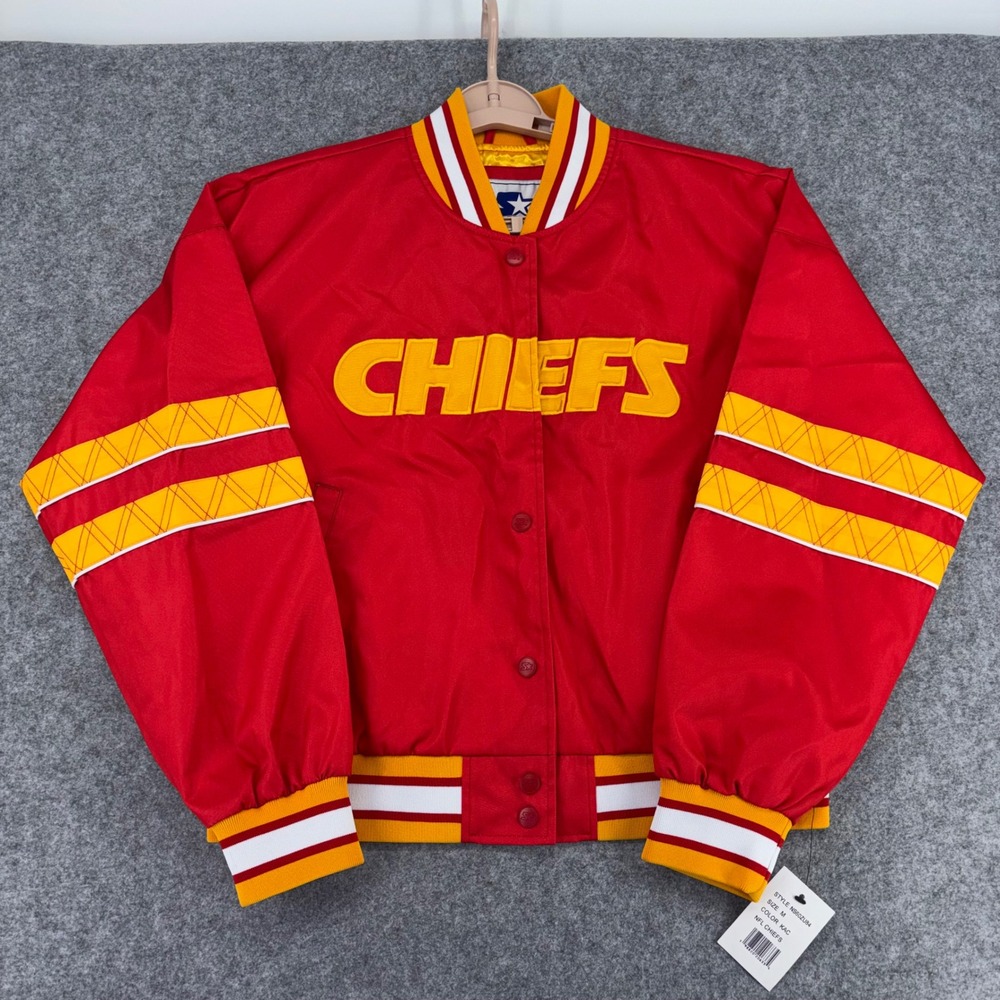 Starter Kansas City Chiefs NFL Varsity Jacket Red Satin Snap Front Mens Medium